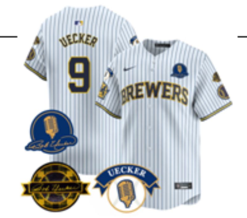 Men Nike 2025 Milwaukee Brewers #9 Uecker white stripe Game MLB Jersey 001